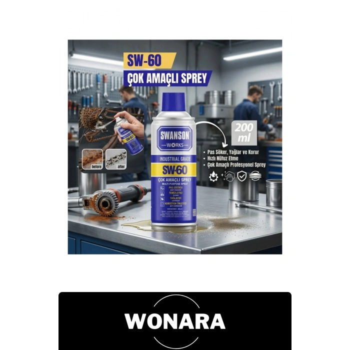 #SW-60 Çok Amaçlı Yağlayıcı Sprey 200 ml Pas Sökücü Çözücü Korozyon Önleyici Temizleyici Bisiklet Zincir Yağı Kilit Cıvata Vida Metal Aksam Bakım Endüstriyel Profesyonel Atölye Mekanizma Otomotiv