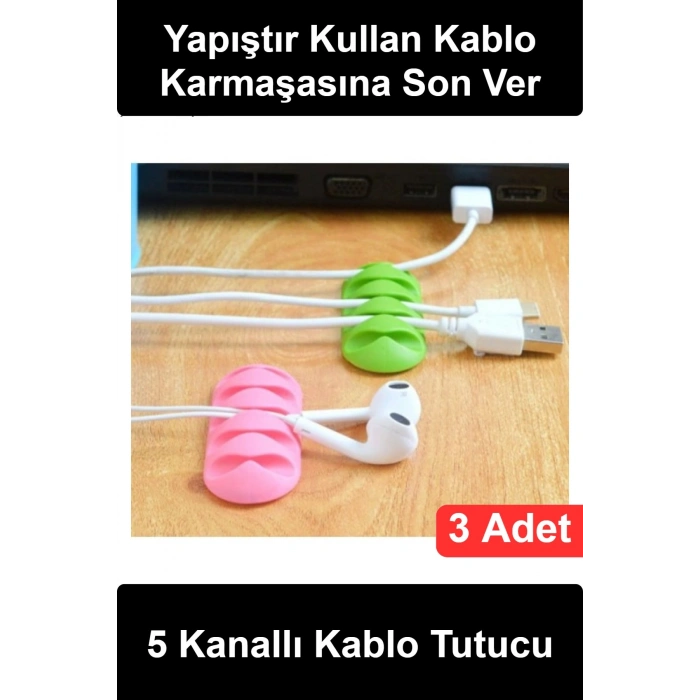 #KabloTutucu Kablo Tutucu 5 Kanallı 3 Adet Yapışkanlı Masaüstü Düzenleyici Şarj USB Kulaklık Organizer Ev Ofis Gereci Masa Aksesuarı Pratik Klips Bilgisayar Laptop Sabitleyici Karışık Renkli Set