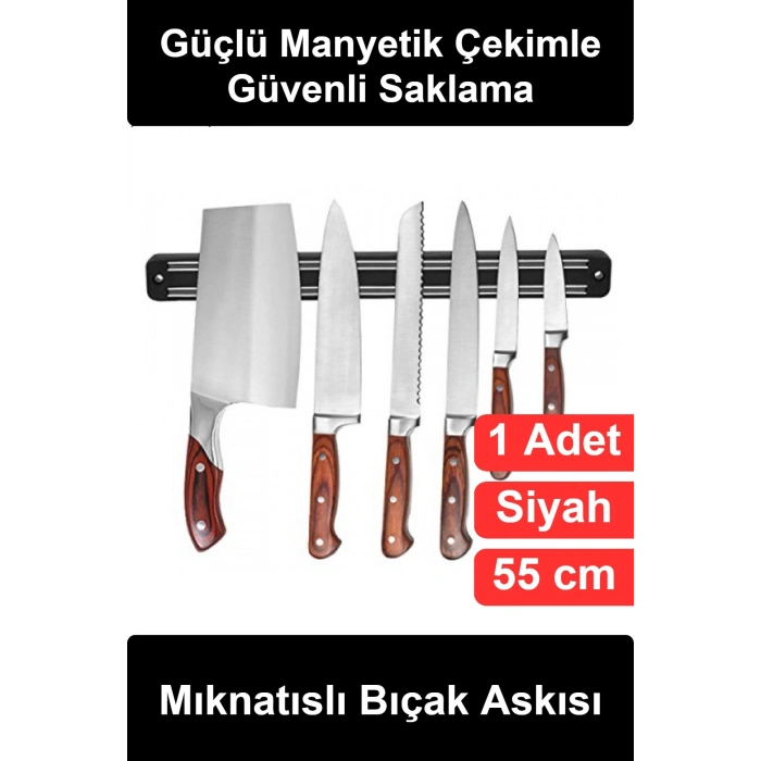 #BıçakAskısı Mıknatıslı Bıçak Askısı 55 cm Manyetik Tutucu Bant Çubuğu Duvara Monte Vidalı Mutfak Düzenleyici Metal Gereç Askılığı Siyah Şık Dekoratif Güçlü Çekim Pratik Organizer Saklama Aparatı