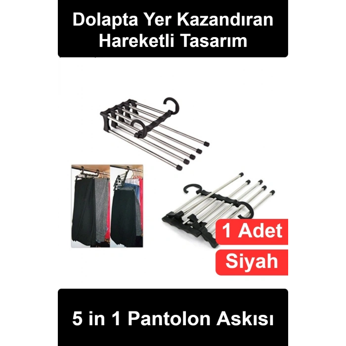#PantolonAskısı 5 in 1 Krom Hareketli Pantolon Askısı Dolap İçi Düzenleyici Çok Katlı Yer Tasarruflu Gardırop Organizer Kemer Eşarp Fular Asma Aparatı Askılık Dikey Kullanım Pratik Seyahat Siyah
