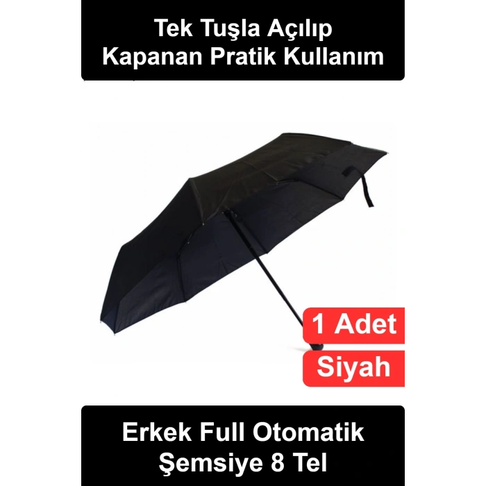 #OtomatikŞemsiye Erkek Full Otomatik Şemsiye 8 Telli Katlanır Siyah Kılıflı Bilek Askılı Butonlu Sağlam Dayanıklı Yağmur Günlük İş Seyahat Ofis Hediyelik Pratik Klasik Şık Tasarım Kullanışlı Aksesuar