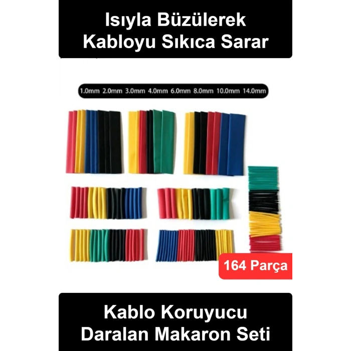 #IsıylaDaralanMakaron 164 Parça Kablo Koruyucu Set Renkli Elektrik İzolasyon Kılıfı Shrink Tüp 8 Farklı Çap 1-14 mm Yalıtım Tamir Etiketleme Sınıflama Kiti Sarı Siyah Kırmızı Yeşil Mavi