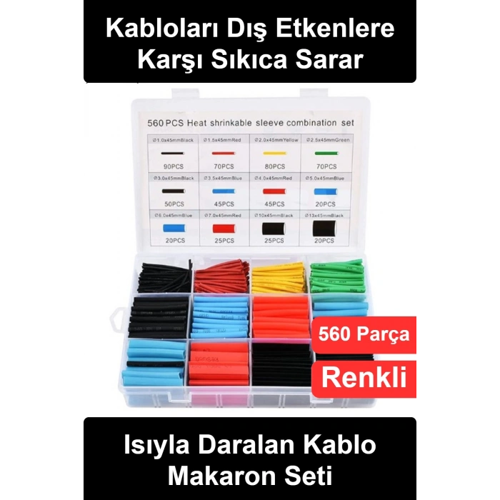 #Makaron Seti 560 Parça Isıyla Daralan Kablo Koruyucu Renkli Shrink Tüp İzolasyon Yalıtım Kılıfı 12 Farklı Boy Kutulu Elektrik Tamir Kiti Kulaklık Şarj USB Ek Yeri Kaplama Çok Amaçlı
