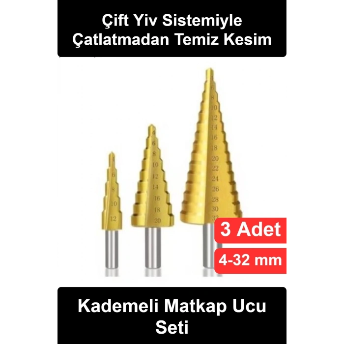 #KademeliMatkapUcu 3lü Kademeli Matkap Ucu Seti HSS Yüksek Hız Çeliği Kalay Kaplamalı Sac Delme Panç Çift Yivli 4-32 mm Basamaklı Konik Delik Açma Uç Takımı Atölye Tamirat Metal Delgi Aparatı
