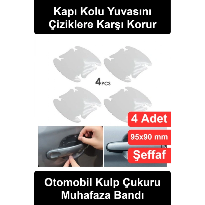 Araba Kapı Kolu Koruyucu Film 4lü Set Şeffaf Çizilmez Boya Koruma Folyosu Oto Tutamak Yuvası Tırnak İzi Çizik Önleyici Sticker Aşınma Engelleyici Kolay Montaj Universal Araç Aksesuarı 95x90 mm