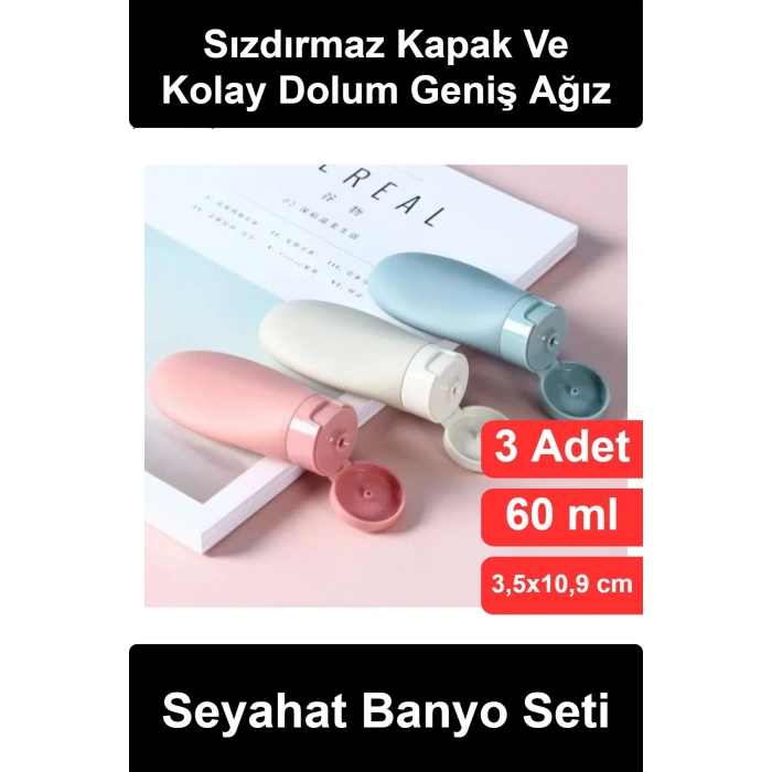 #SeyahatŞişesi 3lü Seyahat Banyo Seti 60 ml Boş Şişe Sızdırmaz Kapaklı Şampuan Losyon Krem Doldurulabilir Sıkmalı Tüp Uçak Kabin Bagajı Uyumlu Kozmetik Taşıma Kabı Tatil Valiz Çanta Organizer