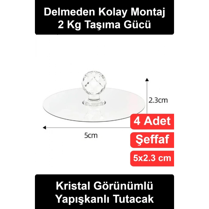 #KristalTutacak Kristal Görünümlü Yapışkanlı Tutacak Seti 4lü Şeffaf Kapak Kulpu Dolap Çekmece Klozet Banyo Mutfak Kapı Tutma Kolu Delmeden Montaj Suya Dayanıklı Pratik Dekoratif Mobilya Düğmesi