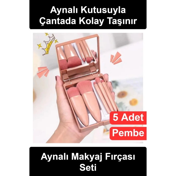 #MakyajFırçası 5 Parça Aynalı Makyaj Fırçası Seti Taşınabilir Kutulu Mini Fondöten Pudra Far Dudak Kontür Aydınlatıcı Yumuşak Fiber Kıllı Seyahat Tipi Kozmetik Takım Hediyelik Kadın Pembe