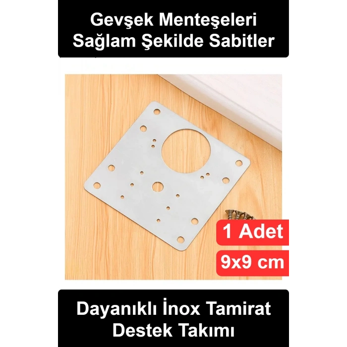 Paslanmaz Çelik Menteşe Onarım Plakası 9x9 cm Mutfak Dolap Kapak Tamir Aparatı Gardırop Banyo Ofis Mobilya Panel Güçlendirme Sacı Vidalı Set Ahşap Kapı Sabitleme Bağlantı Levhası Kolay Montaj
