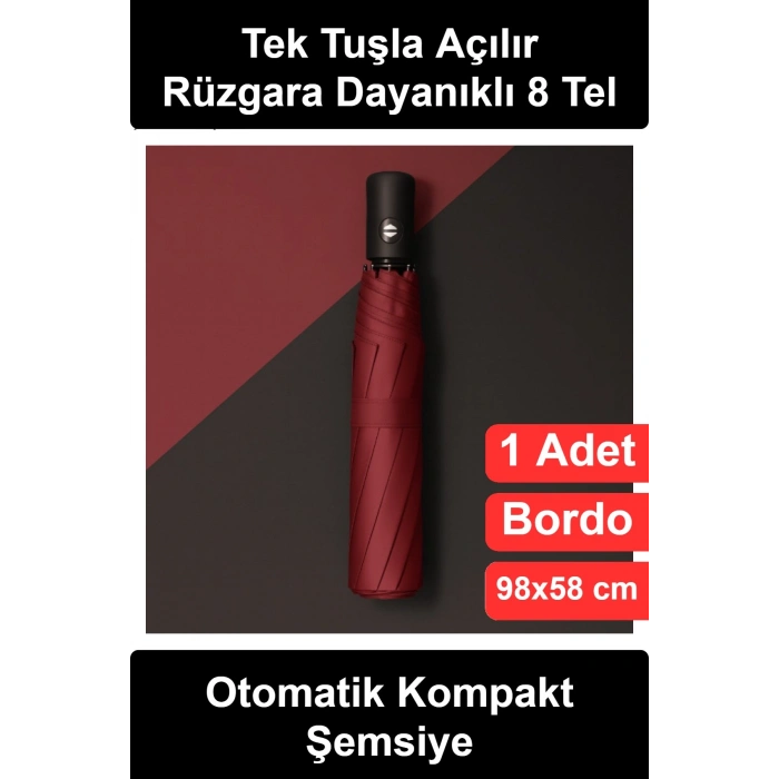 #KompaktŞemsiye Bordo Kılıflı Tam Otomatik Katlanır Şemsiye 8 Telli Rüzgara Dayanıklı Su Geçirmez Kumaş Tek Tuşla Açılır Kapanır Mini Çanta Boy Seyahat Ofis Günlük Kadın Erkek Unisex Yağmur Koruyucu