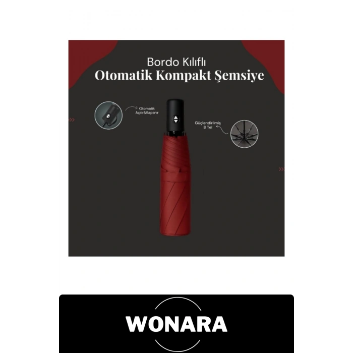 #KompaktŞemsiye Bordo Kılıflı Tam Otomatik Katlanır Şemsiye 8 Telli Rüzgara Dayanıklı Su Geçirmez Kumaş Tek Tuşla Açılır Kapanır Mini Çanta Boy Seyahat Ofis Günlük Kadın Erkek Unisex Yağmur Koruyucu