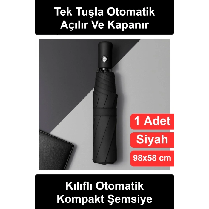 #Şemsiye Siyah Kılıflı Otomatik Kompakt 8 Telli Rüzgara Dayanıklı Su Geçirmez Katlanır Mini Çanta Boy Seyahat Araç İçi Yağmurluk Tek Tuşla Açılır Kapanır Kadın Erkek Unisex Günlük Kullanım Hediyelik