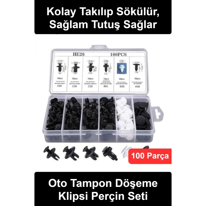 #OtoKlips Araç Tampon Perçini Kapı Döşeme Trim Klipsi Seti 100 Parça Plastik Bağlantı Elemanı Çamurluk Bagaj Tavan Kaplama Motor Kaputu Tutucu Pimi Otomotiv Tamir Bakım Bölmeli Kutulu 6 Farklı Ölçü