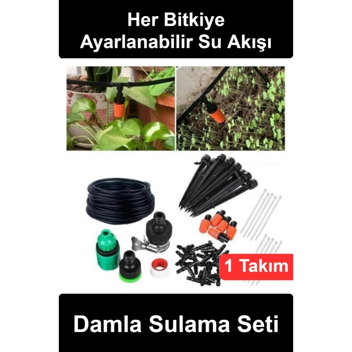 #DamlaSulama 10 Noktalı Bahçe Sulama Sistemi Seti Ayarlanabilir Damlatıcılı Saksı Balkon Sera Bitki Çiçek Sulayıcı Kiti Akış Kontrol Vanalı Filtreli Hortum Musluk Adaptörlü Pratik Kurulumlu