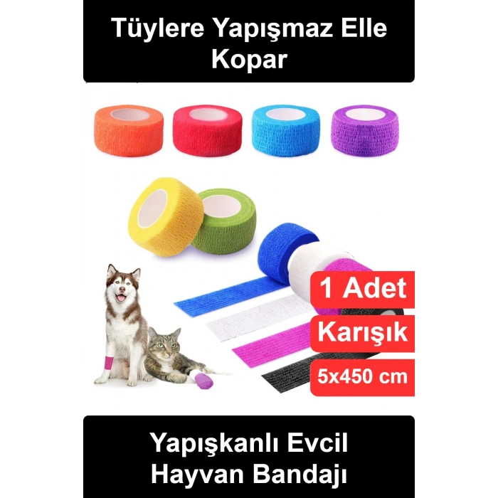 #EvcilHayvanBandajı Kendinden Yapışkanlı İlk Yardım Esnek Sargı Kedi Köpek Yara Koruyucu Tüylere Yapışmayan Nefes Alabilen Elle Yırtılabilir Suya Dayanıklı Karışık Renkli Veteriner Rulo 5 cm x 4,5 m