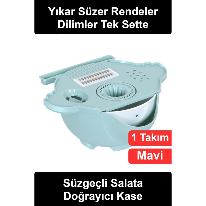 #SalataAparatı Çok Fonksiyonlu Süzgeçli Sebze Doğrayıcı Rende Seti Dilimleyici Kase Meyve Yıkama Süzme Sepeti Soyacak Narenciye Sıkacağı Mutfak Hazırlama Gıda Tutucu Değiştirilebilir Bıçaklı Mavi