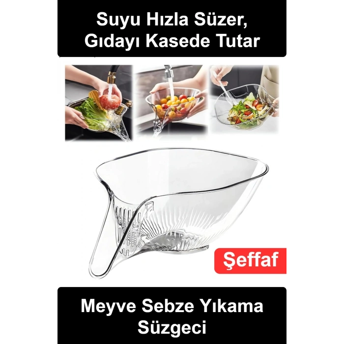 #YıkamaSüzgeci Meyve Sebze Yıkama Süzgeci Huni Uçlu Şeffaf Kase Çıkarılabilir Filtreli Mutfak Salata Makarna Karıştırma Kabı Akıtmalı Lavabo Su Süzme Aparatı Pratik Hazırlık Sunum Ergonomik Tutuşlu