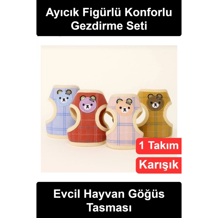 #KediTasması Ayıcık Figürlü Ekose Desenli Göğüs Gezdirme Tasması Seti Kayışlı Küçük Irk Köpek Evcil Hayvan Yelek Harness Ayarlanabilir Karışık Renk Nefes Alabilen Kumaşlı Metal Halkalı Yürüyüş Takımı