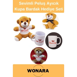Özel Üretim Sevgili, Eş I Love You Tasarımı Hediyelik Ayıcık ve Kupa Bardak Seti