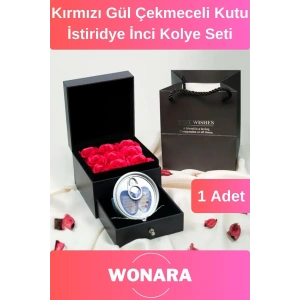 Özel Tasarım Sevgiliye Anneye Arkadaşa Uygun Kırmızı Gül Çekmeceli Kutu İstiridye İnci Kolye Seti