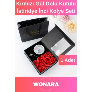 Özel Tasarım Sevgiliye Anneye Arkadaşa Uygun Kırmızı Gül Dolu Kutulu İstiridye İnci Kolye Seti