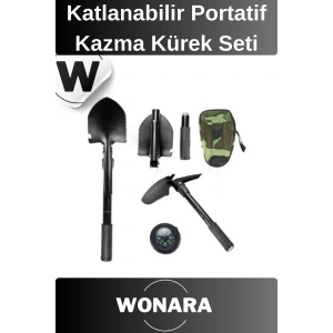 Premium Katlanabilir Portatif Kamp Kürek Pusula Testere Kazma Seti Çantalı Pratik Deprem Ekipmanı