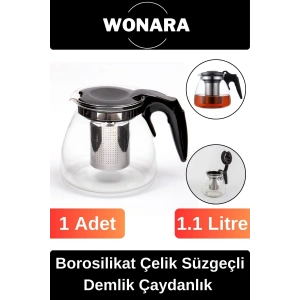 Özel Üretim Modern Isıya Dayanıklı Borosilikat Çaydanlık Bitki Çayı Çelik Süzgeçli Demlik 1.1 Lt