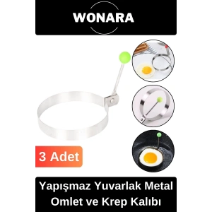 Premium Seri Yapışmaz Kaplamalı Dayanıklı Şık Tasarımlı Yuvarlak Metal Omlet ve Krep Kalıbı 3 Adet