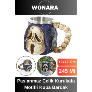 Özel Tasarım Sevgili Arkadaş Şık ve Dekoratif Hediyelik Paslanmaz Çelik Kurukafa Motifli Kupa Bardak