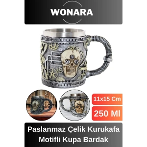 Özel Tasarım Sevgili Arkadaş Şık ve Dekoratif Hediyelik Paslanmaz Çelik Kurukafa Motifli Kupa Bardak