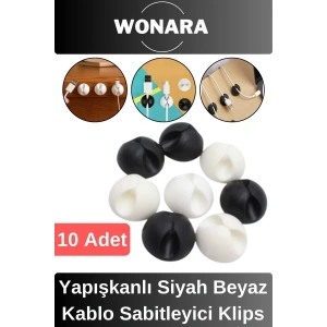 Premium Ev Ofis Masa Düzenleme İz Bırakmayan Yapışkanlı Siyah Beyaz Kablo Sabitleyici Klipsi 10lu