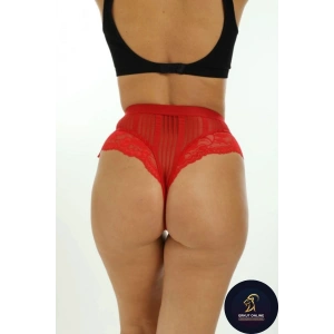 Özel Tasarım Fantezi Yüksek Bel Veronica Zarif Şık Rahat Kırmızı Kadın Çizgili Külot