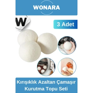 Doğal Yünlü Kırışıklık Azaltan Hızlı Kuruyan Sürtünme Önleyici 3’lü Çamaşır Kurutma Topu Seti