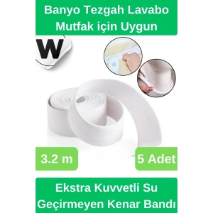 Deluxe Su Geçirmez Önleyici Yalıtım Küf Mutfak Banyo Lavabo Beyaz Kenar Şerit Bant 3.2m 5 adet