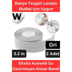 Premium Su Geçirmez Önleyici Yalıtım Küf Banyo Mutfak Lavabo Gri Kenar Şerit Bant 3.2m 2 adet