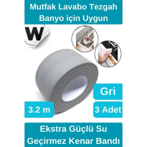 Premium Su Geçirmez Sızdırmaz Küf Yalıtım Banyo Mutfak Lavabo Gri Kenar Şerit Bant 3.2m 3 adet
