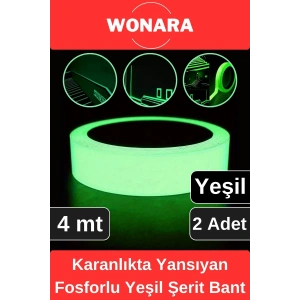 Premium Karanlıkta Yansıyan Yapışkanlı Işık Veren Fosforlu (Fotolümen) Yeşil Şerit Bant 4 mt 2 Adet