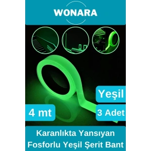 Premium Yapışkanlı Karanlıkta Yansıyan Işık Veren Fosforlu (Fotolümen) Yeşil Şerit Bant 4 mt 3 Adet