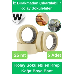 #KrepKağıt Isıya Dayanıklı İz Bırakmadan Çıkartılabilir Kolay Sökülebilen Maskeleme Boya Bant 5 Adet