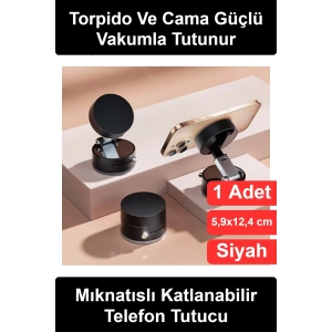 #TelefonTutucu Mıknatıslı Katlanabilir Araç Telefon Tutucu 360 Derece Döner Vakumlu Torpido Cam Uyumlu Manyetik Oto Navigasyon Standı Sürgü Kilitli Masaüstü Siyah Telefonluk Halka Düz Plakalı Set