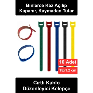 #KabloDüzenleyici 10lu Cırtlı Kelepçe Seti 15 cm Yeniden Kullanılabilir Velcro Bağlama Bandı Naylon Toparlayıcı Organizer Klips Bağı Şarj Bilgisayar TV Masa Ev Ofis Atölye Kamp Çok Amaçlı Kullanım