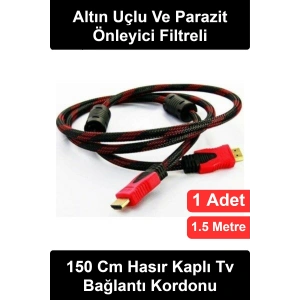 #HDMI 1.5 Metre HDMI Kablo Örgülü İpli Altın Uçlu Sinyal Filtreli Görüntü Ses Aktarımı Televizyon Monitör Bilgisayar Oyun Konsolu Medya Oynatıcı Uyumlu Kırmızı Siyah Esnek Dayanıklı Parazit Önleyici