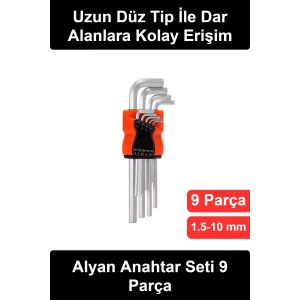 #AlyanSeti Alyan Anahtar Takımı 9 Parça Krom Kaplama Uzun Düz Tip Allen Altıgen İmbus Çelik Turuncu Stantlı Bisiklet Mobilya Montaj Tamir Atölye Hırdavat El Aleti 1.5-10 mm Ölçülü Profesyonel Set