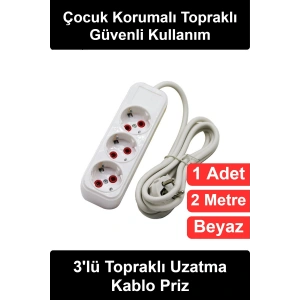 #UzatmaKablosu 3lü Topraklı Uzatma Kablo 2 Metre Beyaz Çocuk Korumalı Seyyar Grup Priz Ev Ofis Çalışma Masası İçin Dayanıklı PVC Kaplı Bakır İletken Plastik Gövdeli Kompakt Elektrik Çoklayıcı