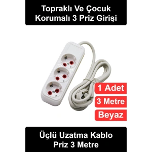 #UzatmaKablosu Üçlü Uzatma Kablo Priz 3 Metre Beyaz Topraklı Seyyar Grup Çocuk Korumalı Güvenli Bakır İletken PVC Kaplı Esnek Kompakt Ev Ofis Çalışma Masası Elektrik Çoğaltıcı Dayanıklı Gövde