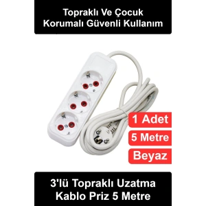 #UzatmaKablosu 3lü Topraklı Uzatma Kablo Priz 5 Metre Çocuk Korumalı Beyaz Seyyar Grup Çoklu Soket Ev Ofis Masa Tipi Elektrik Çoğaltıcı PVC Kaplı Bakır İletkenli Dayanıklı Plastik Gövde Kompakt