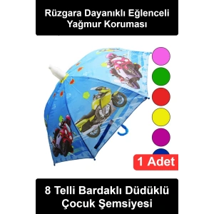 #ÇocukŞemsiyesi Çocuk Şemsiyesi Bardaklı Düdüklü 8 Telli Rüzgara Dayanıklı Okul İçin Kız Erkek Yağmur Şemsiye Karışık Renkli Desenli Ergonomik Saplı Hafif Su İtici Kumaş Çelik İskelet Günlük Kullanım