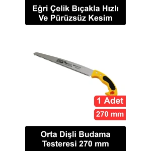 #BudamaTesteresi Orta Dişli Budama Testeresi 270 mm Plastik Saplı Eğri Çelik Bıçaklı Bahçe Ağaç Dal Kesme El Aleti Ergonomik Sarı Siyah Tutuşlu Fidan Peyzaj Tarım Odun Hızar Aparatı TUV GS Sertifikalı