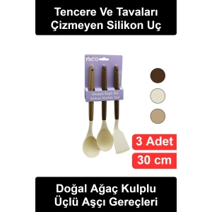 #Mutfak Ergonomik Akasya Ahşap Saplı 3lü Silikon Mutfak Seti Kepçe Kaşık Spatula Isıya Dayanıklı Tencere Tava Çizmeyen Pişirme Servis Takımı 30 cm Teflon Granit Uyumlu BPA İçermeyen Esnek Renkli Uçlu