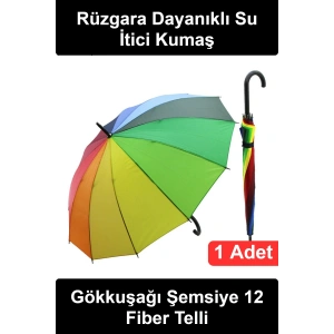 #GökkuşağıŞemsiye Rengarenk Gökkuşağı Şemsiye 12 Fiber Telli Siyah Baston Saplı Rüzgara Dayanıklı Su İtici Kumaş Geniş Koruma Alanlı Şık Neşeli Günlük Kullanım Ergonomik Tutuşlu Hediyelik Klasik Model